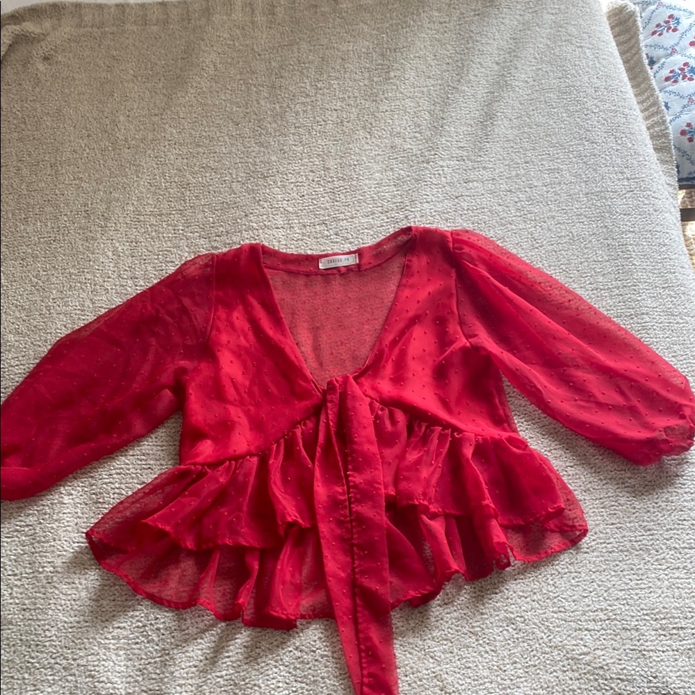 Red Swiss Dot Tie-Front Peplum Blouse